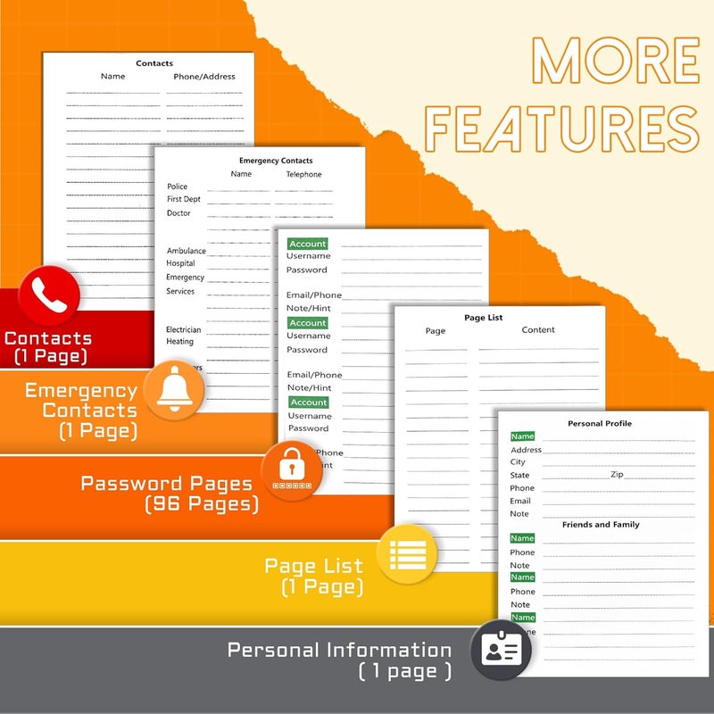 BLESWIN Password Keeper with Alphabetical Tabs, Internet Password Organizer for Contacts, Websitesm Special Days and Notes – 6'' x5.1'', Orange - Image 2